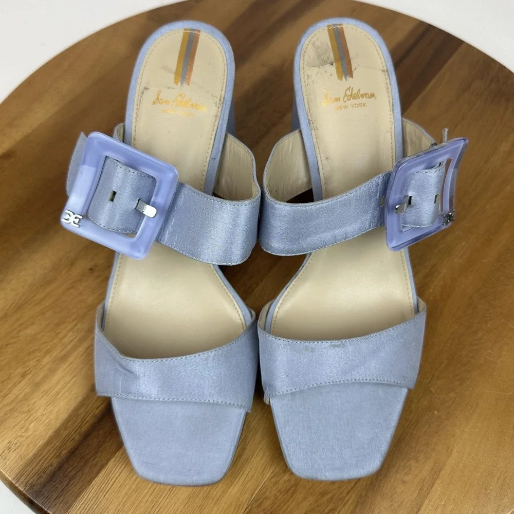 Womens Sam Edelman Dalton Blue Satin Buckle Open Toe Heels‎ Shoes Size 8.5 M GUC